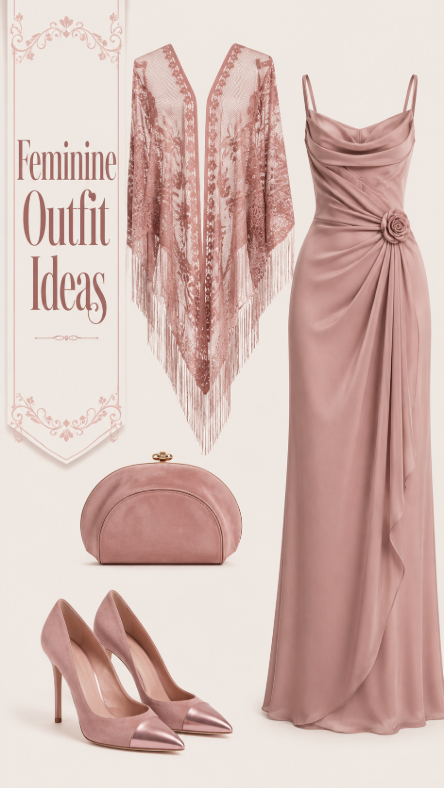 Blush feminine formal dress outfit with lace shawl clutch and heels