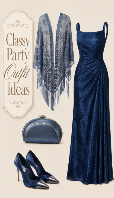 Navy classy party gown outfit with shawl clutch and heels
