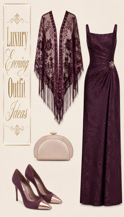Plum luxury evening dress outfit with lace shawl clutch and heels