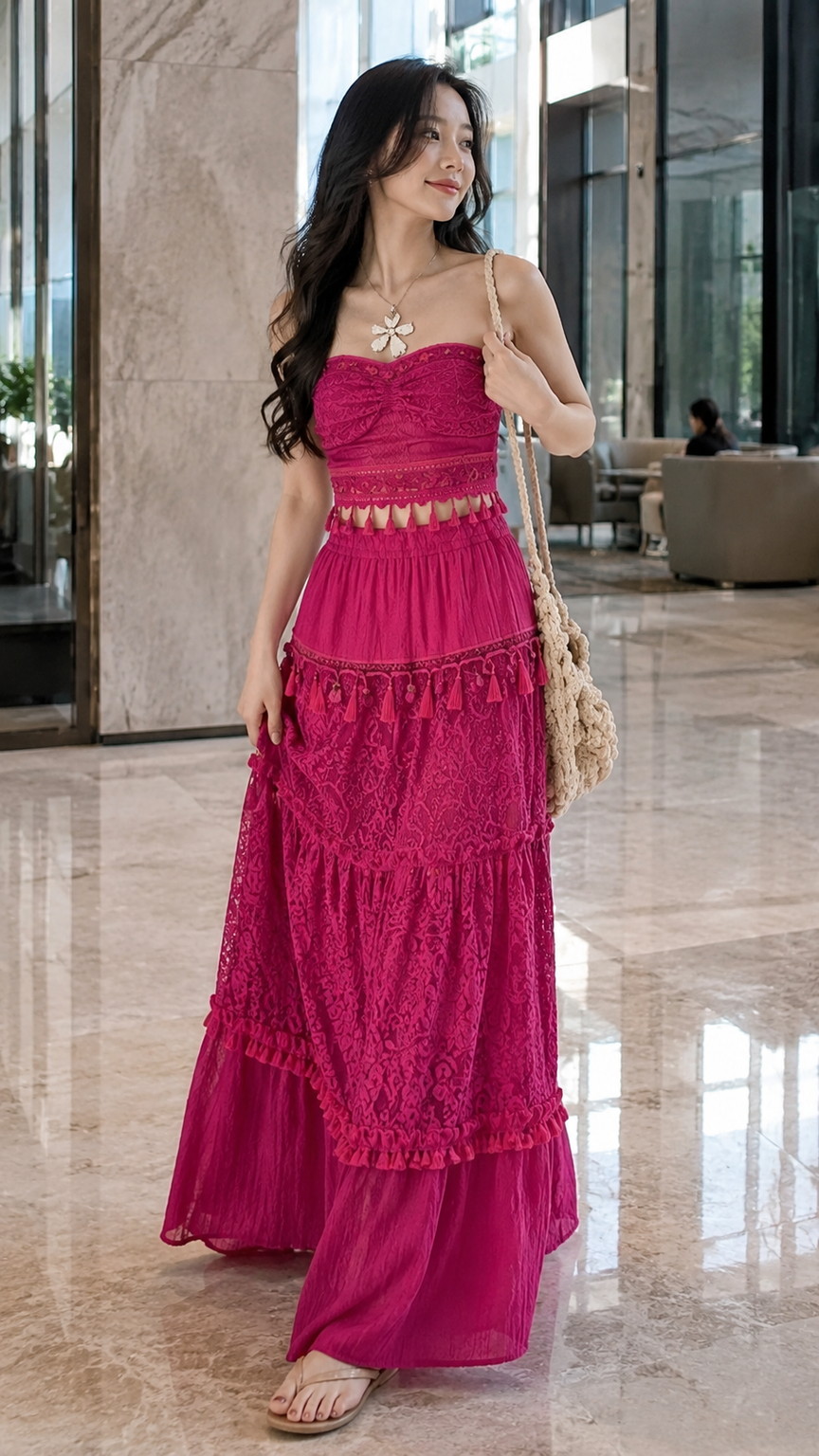 White Lace Crop Top With a Flowing Maxi Skirt fashion outfit idea