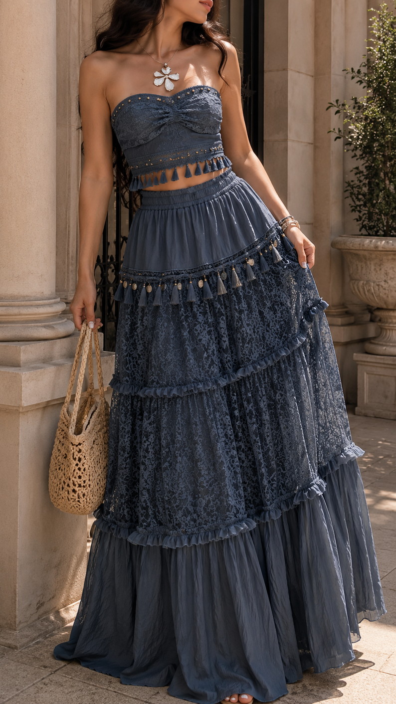 Romantic White Blouse With a Tiered Skirt fashion outfit idea