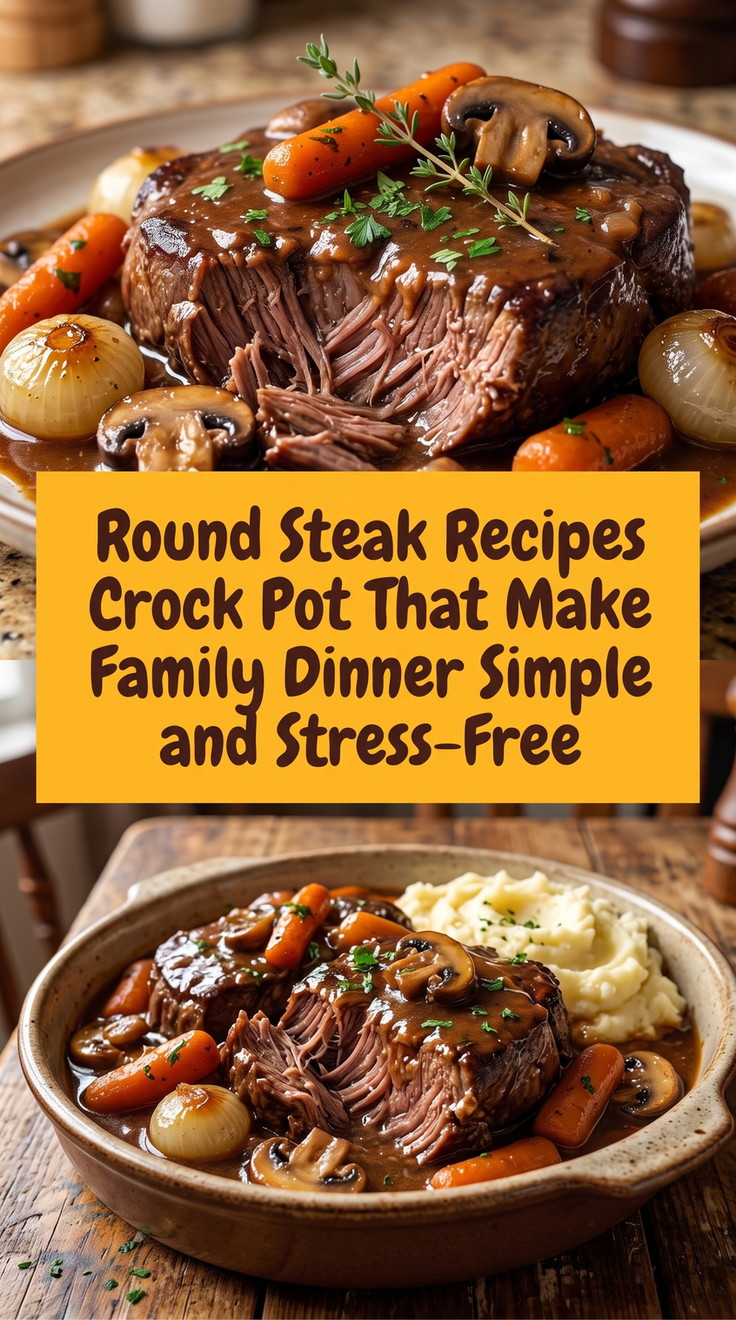 Slow Cooker Mushroom Round Steak prepared for Round Steak Recipes Crock Pot That Make Family Dinner Simple and Stress-Free, showing the finished dish