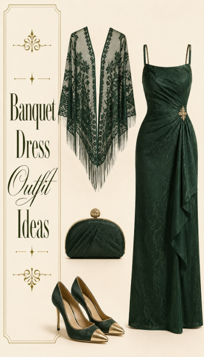 Emerald banquet dress outfit with lace shawl clutch and heels