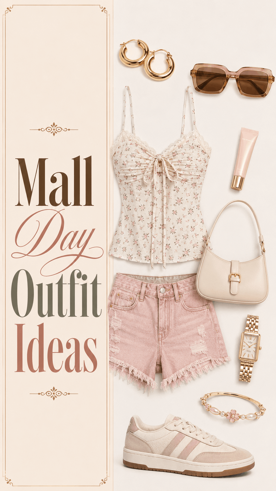 Mall day floral cami with pink denim shorts outfit idea