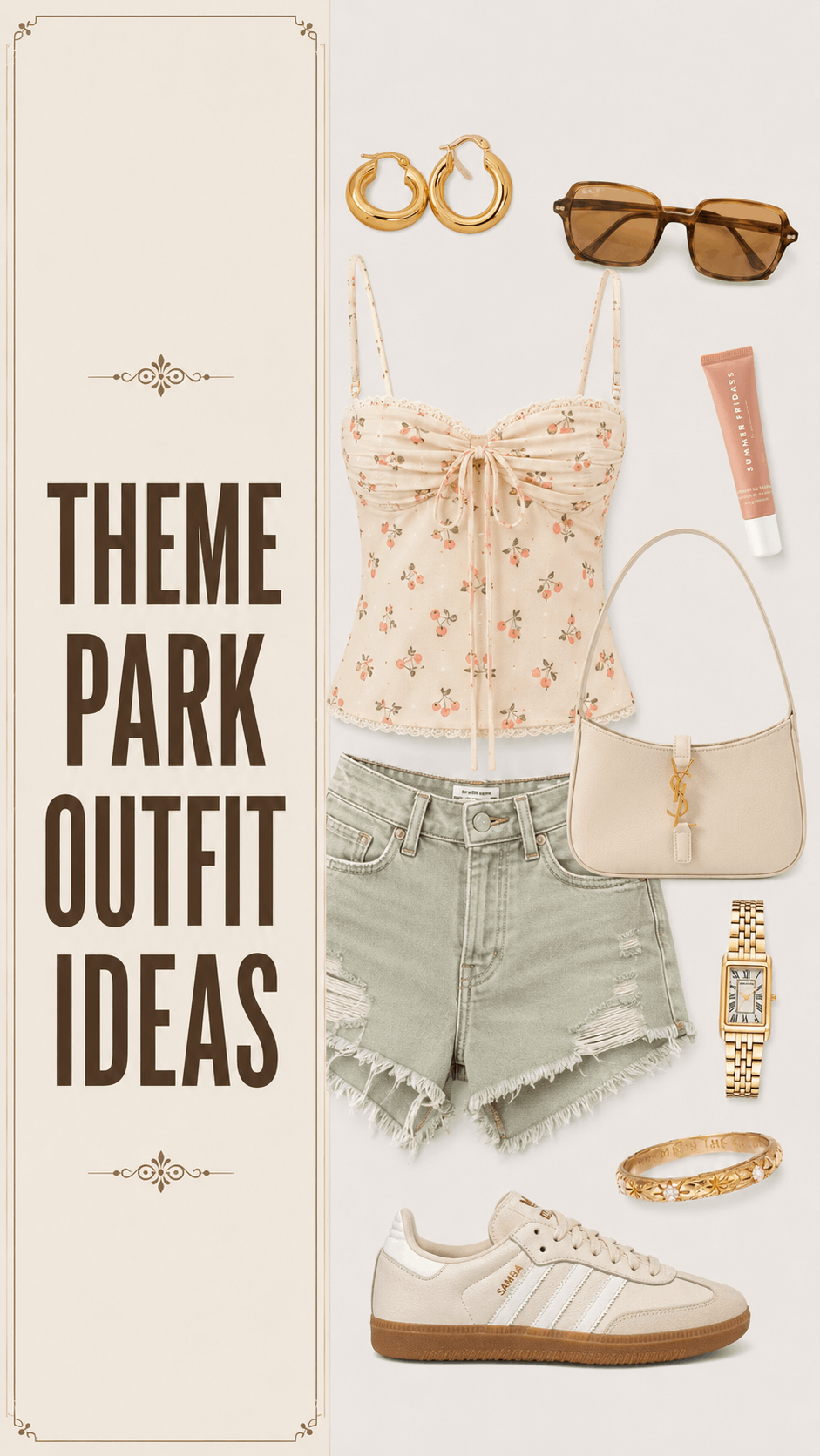 Theme park floral top with sage denim shorts outfit idea