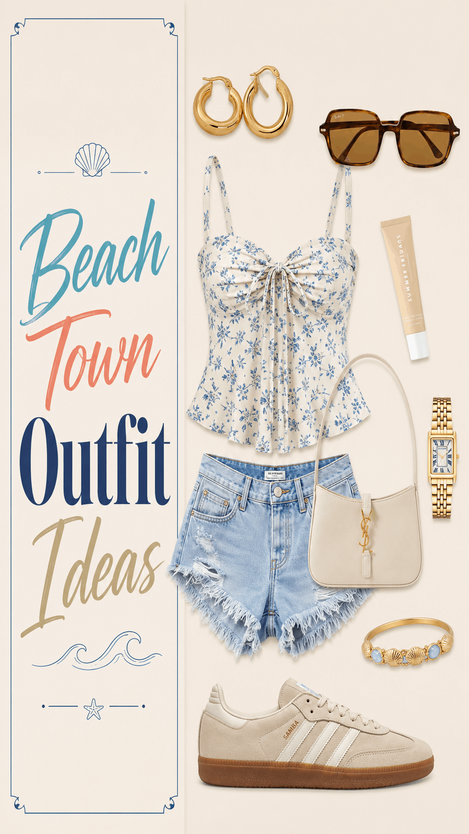 Beach town blue floral cami with denim shorts outfit idea