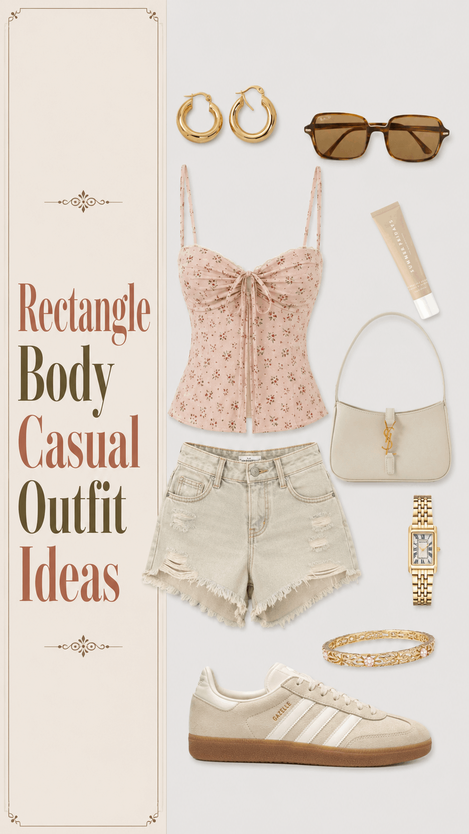 Rectangle body casual outfit with floral cami and cream shorts