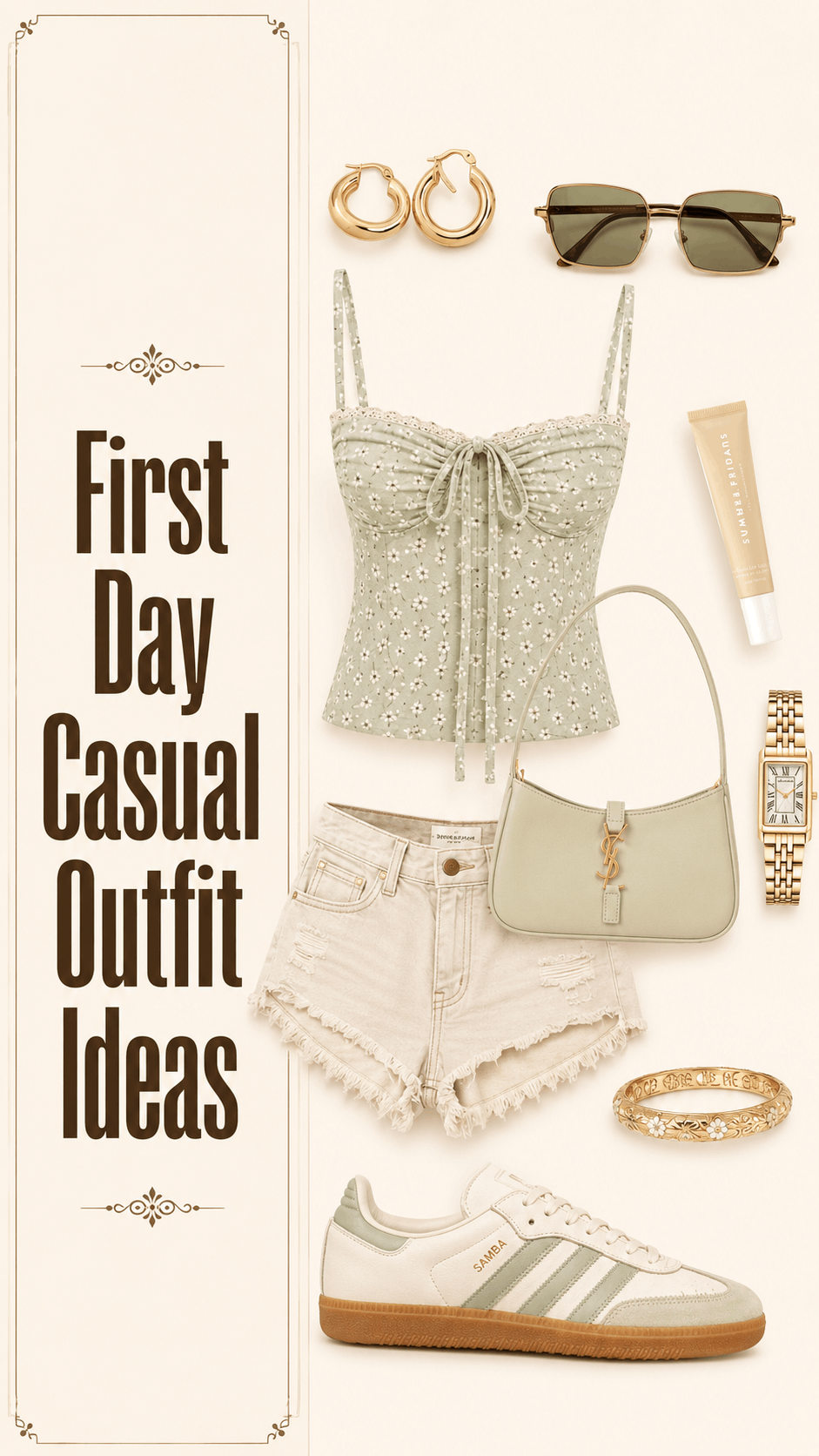 First day casual outfit with sage floral cami and cream shorts