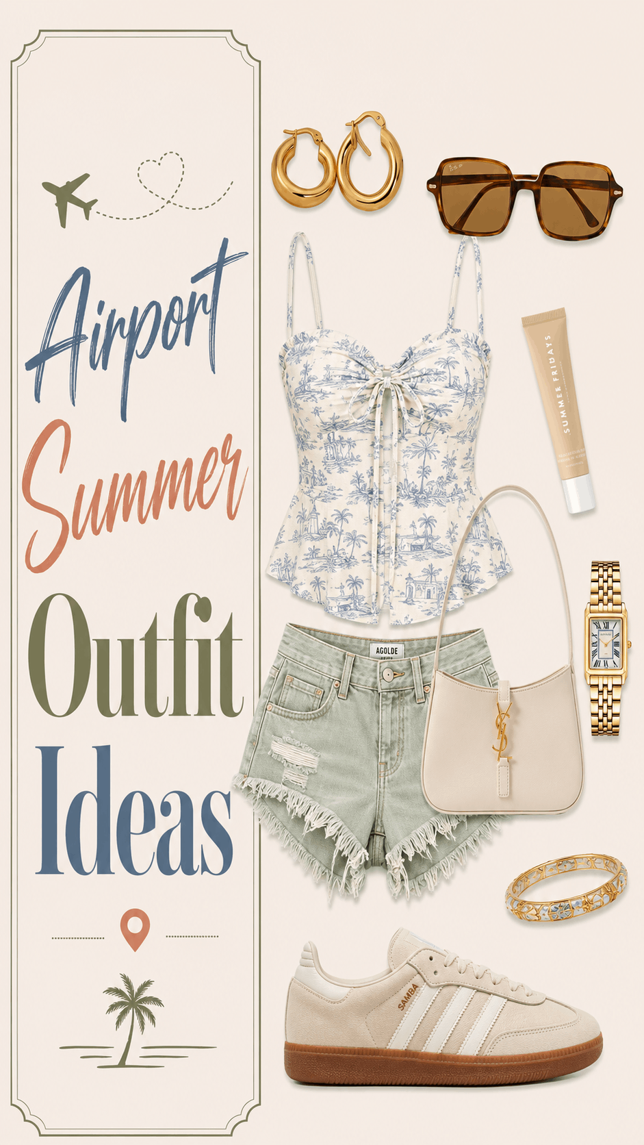 Airport summer outfit with printed cami and sage shorts