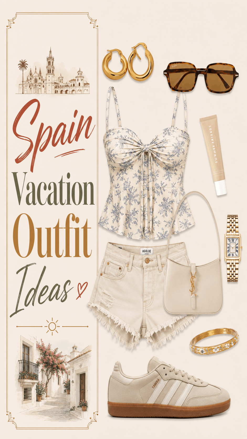 Spain vacation blue floral summer outfit idea