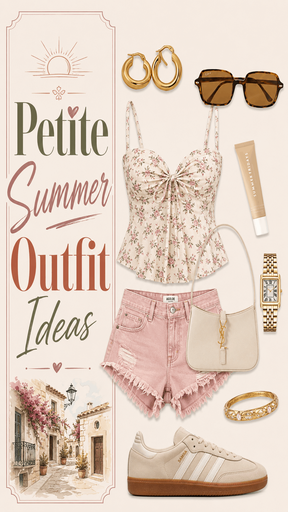 Petite summer floral shorts outfit with soft accessories