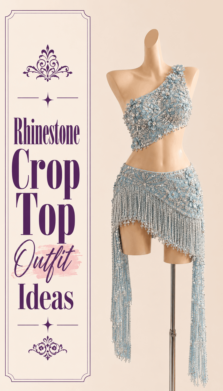 Rhinestone blue crop top with beaded fringe skirt outfit idea