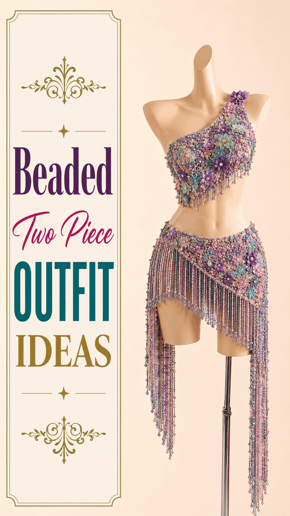 Pastel beaded fringe two-piece evening outfit