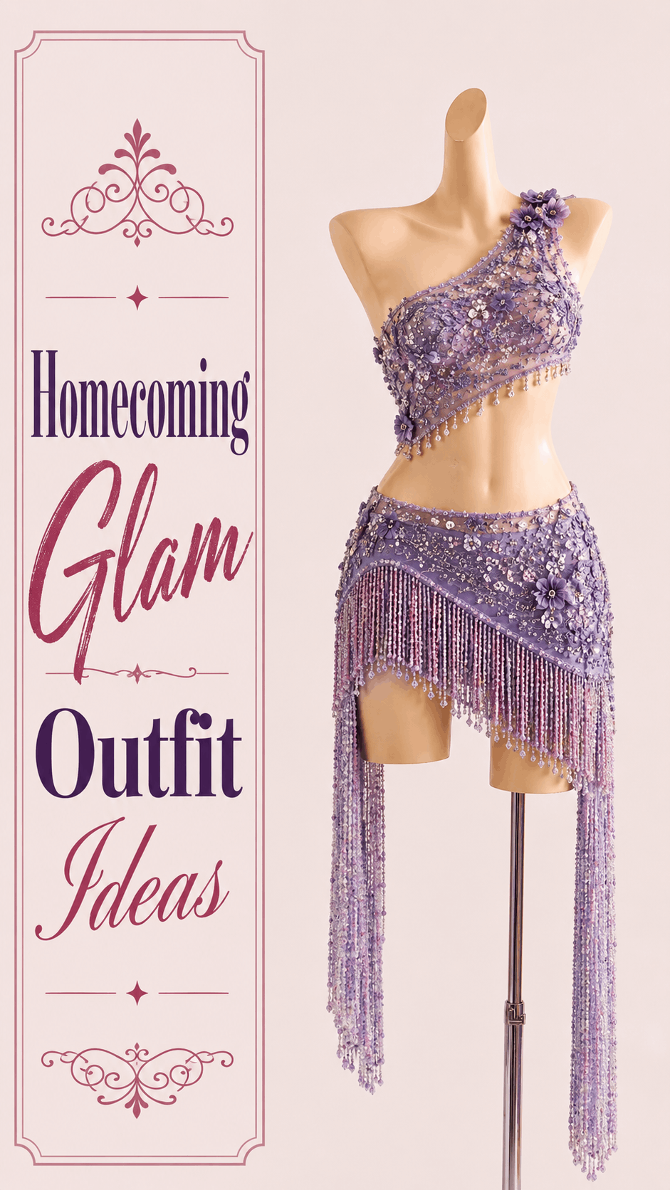 Lavender sequin homecoming outfit with fringe skirt