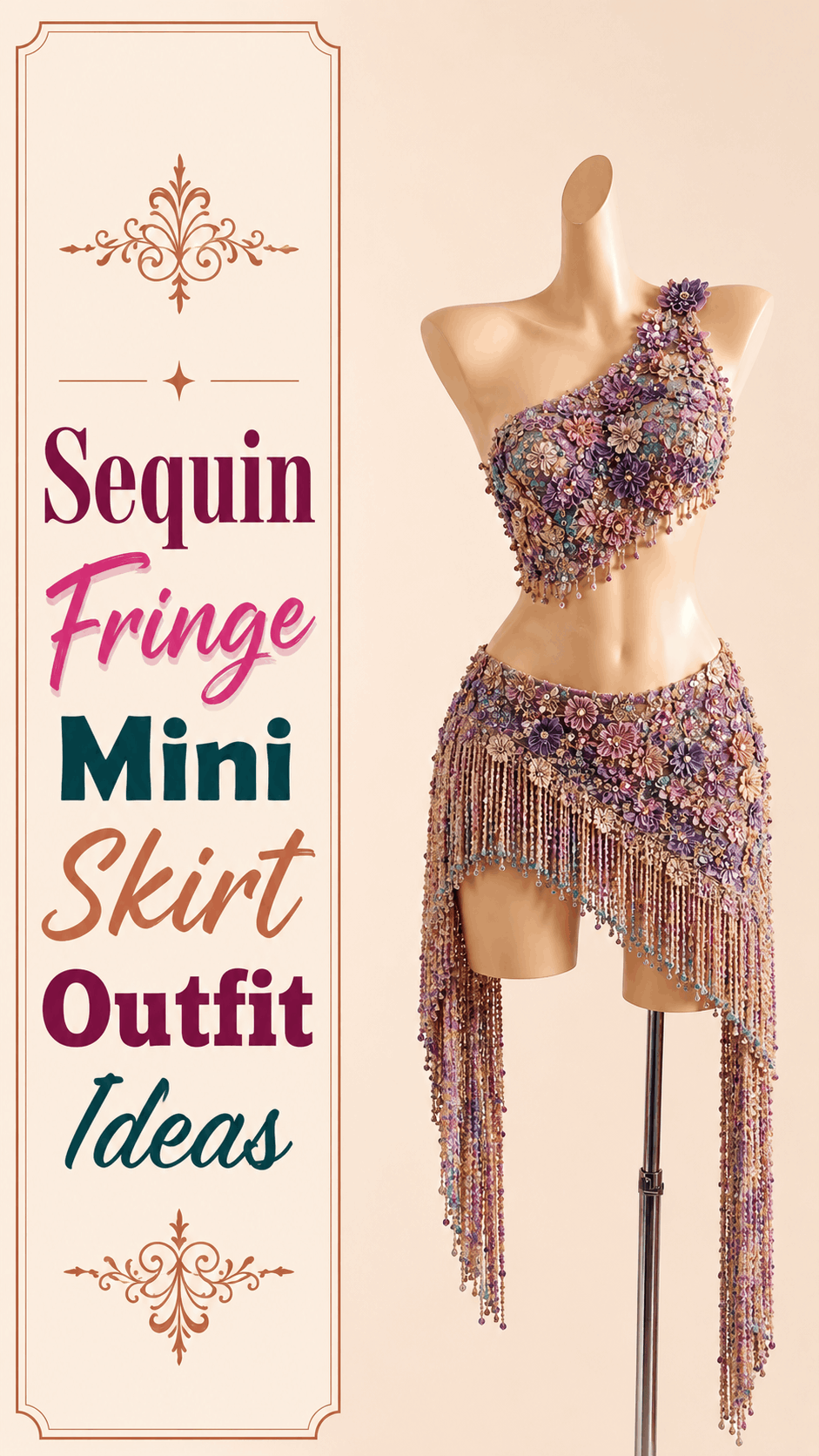 Jewel-tone sequin crop top and fringe mini skirt
