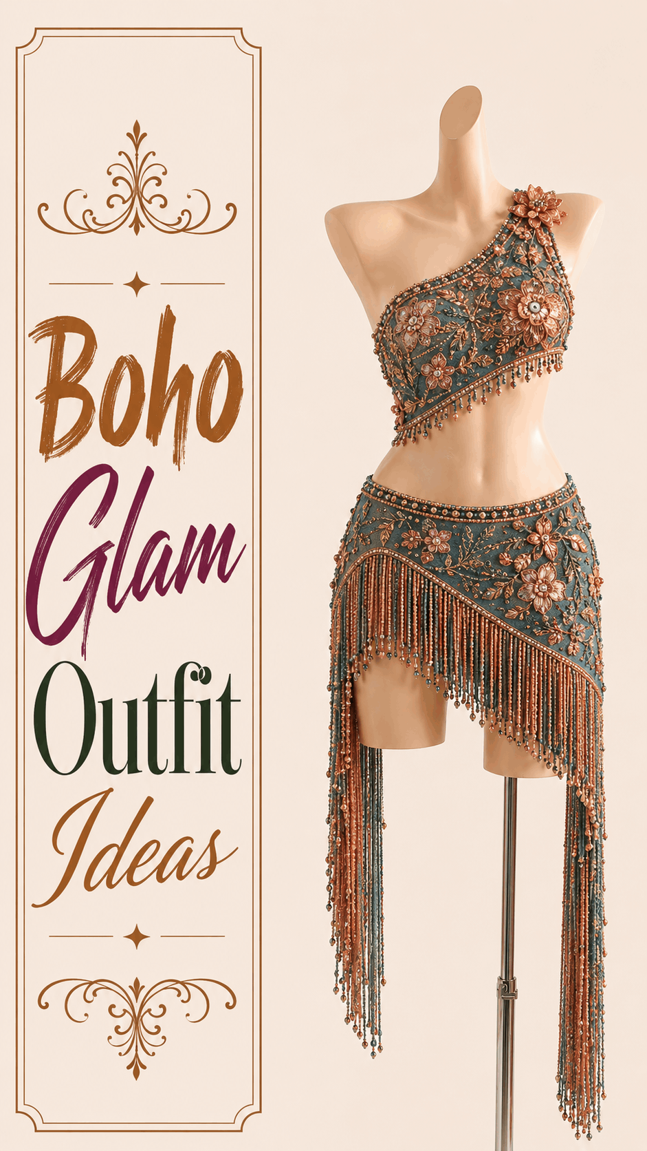 Deep teal and bronze beaded fringe evening outfit