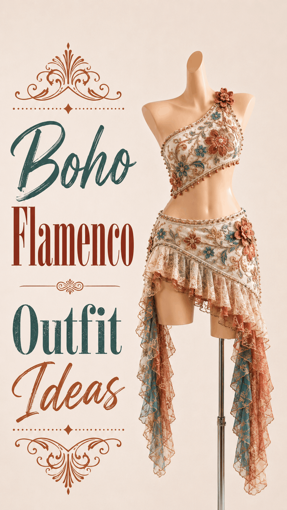 Warm boho floral embroidered flamenco two-piece outfit