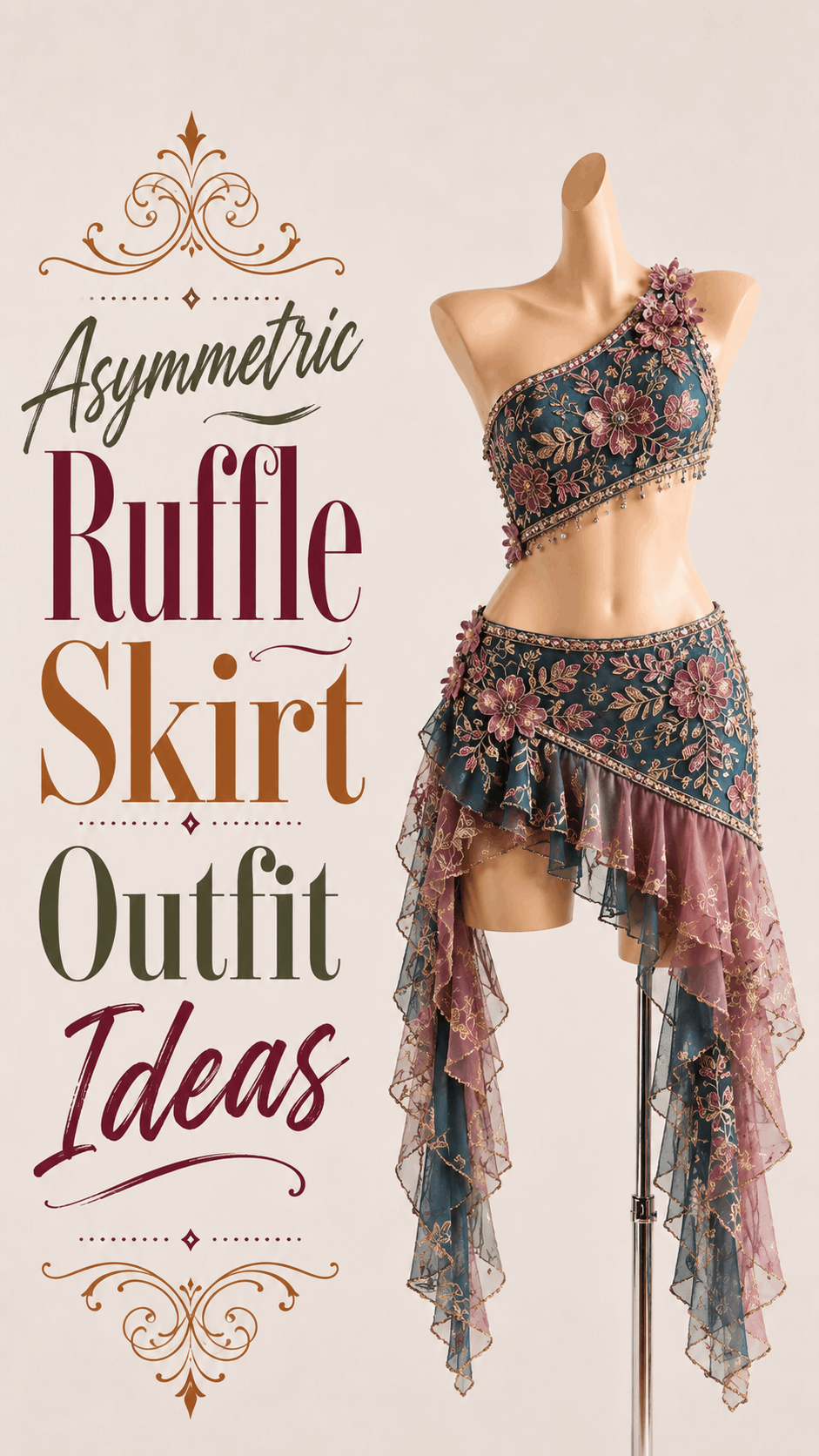 Jewel-tone floral asymmetrical ruffle skirt outfit