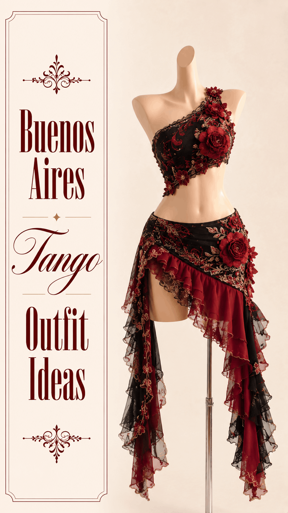 Black and red rose embroidered tango outfit