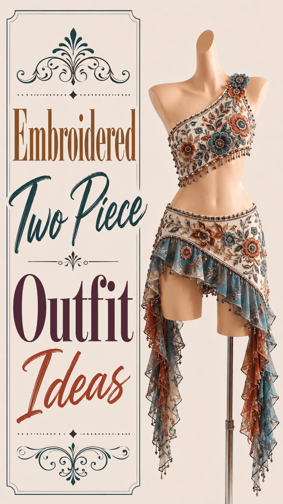 Ivory teal and rust embroidered evening two-piece outfit