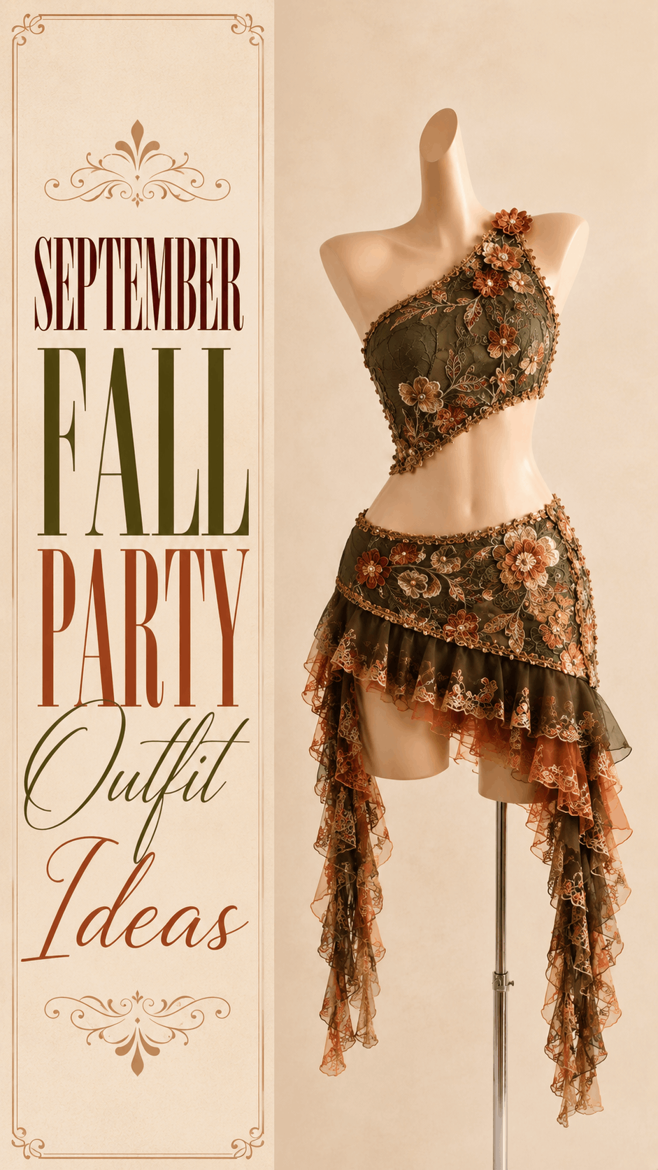 Autumn olive and bronze floral ruffle party outfit