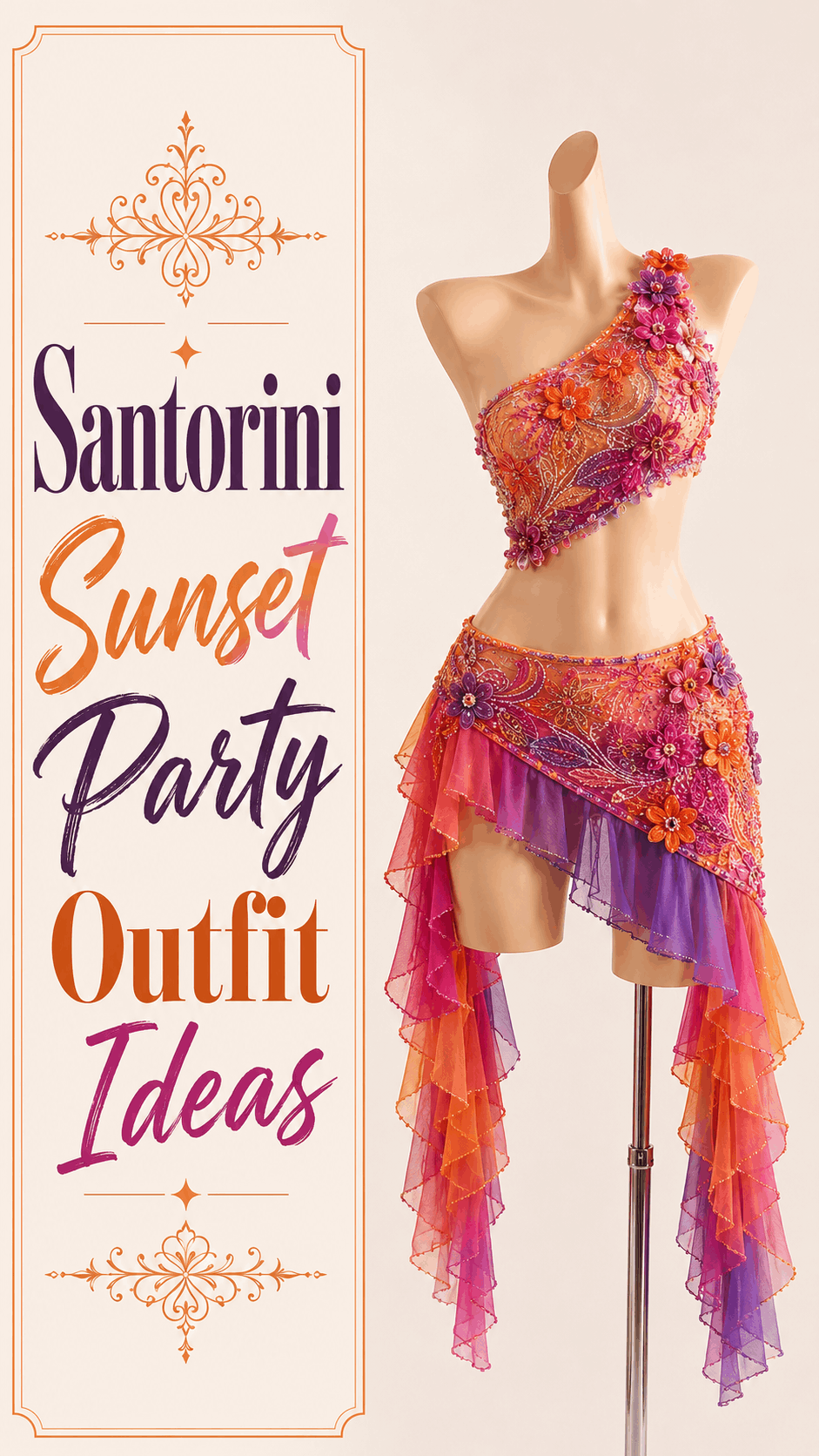 Orange pink and purple Santorini sunset party outfit