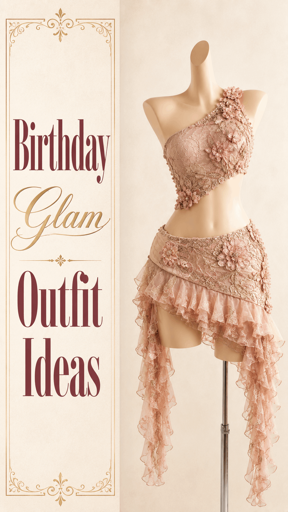 Blush floral one-shoulder birthday glam outfit with a lace ruffle skirt