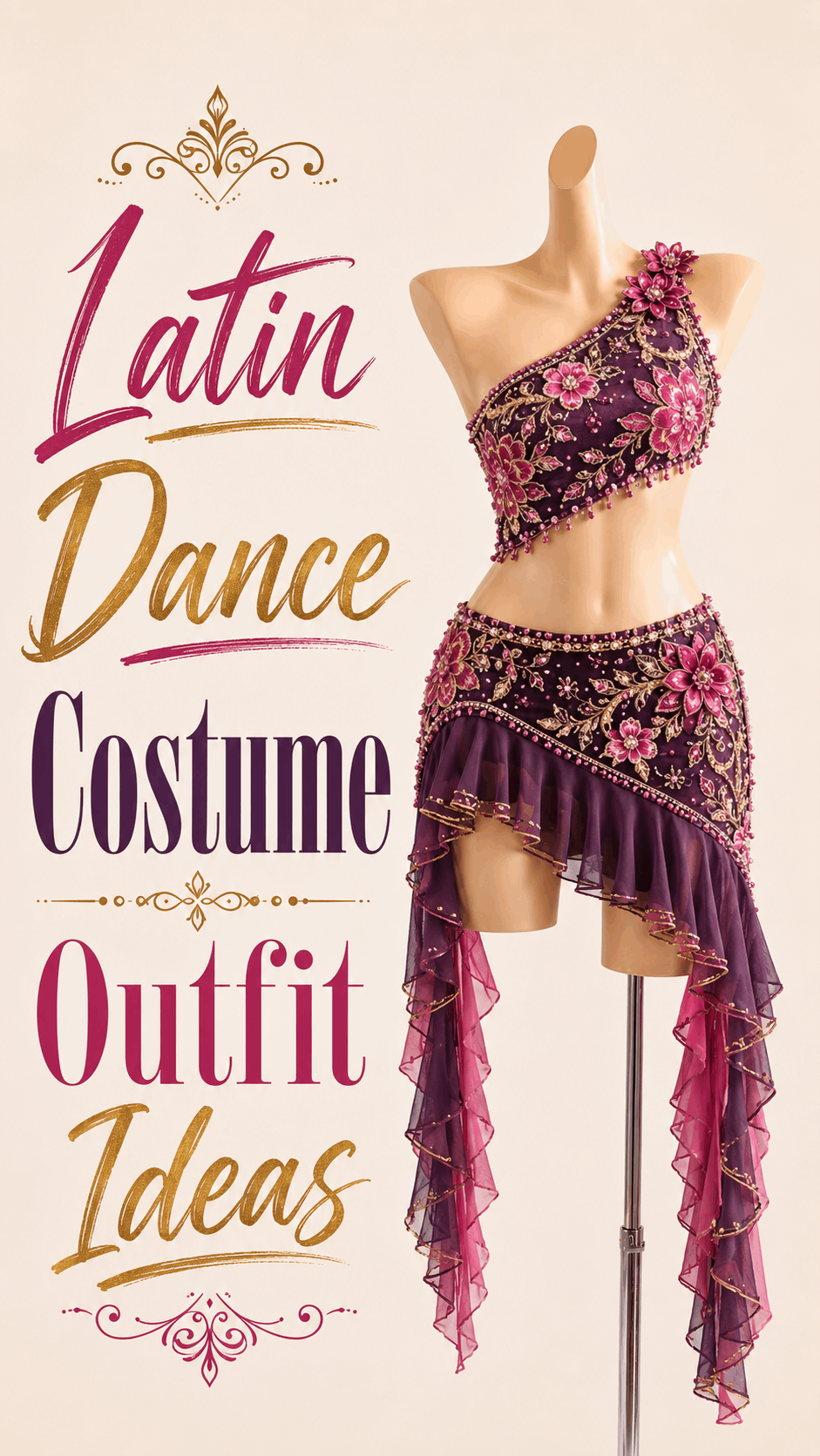 Plum and fuchsia floral Latin dance outfit with an asymmetrical skirt