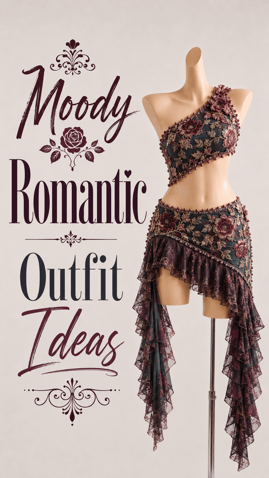 Dark floral romantic one-shoulder outfit with wine lace ruffles