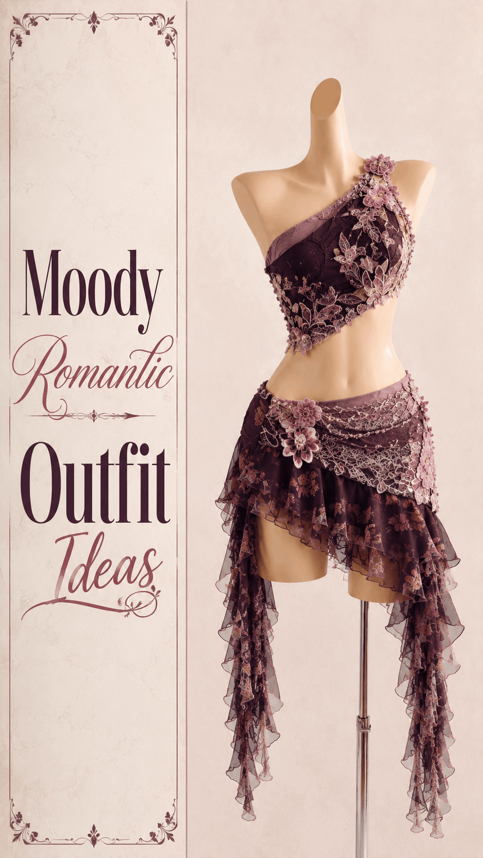 Dusty mauve floral lace outfit with layered ruffle skirt