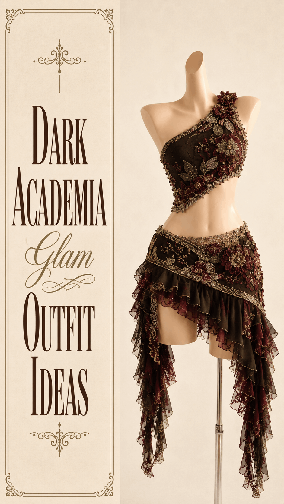 Dark academia brown and burgundy embellished party outfit