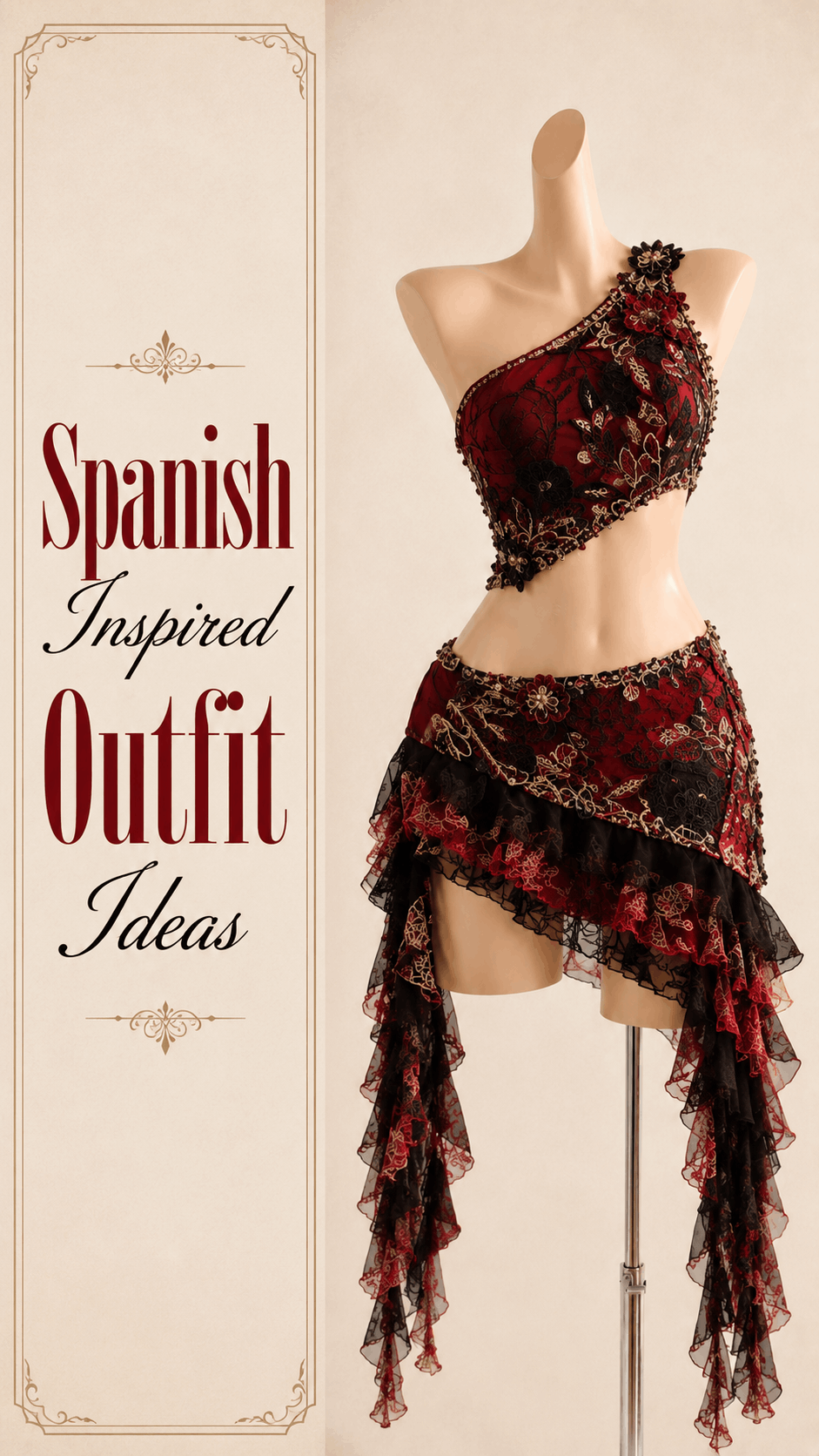 Spanish-inspired red and black floral dance outfit
