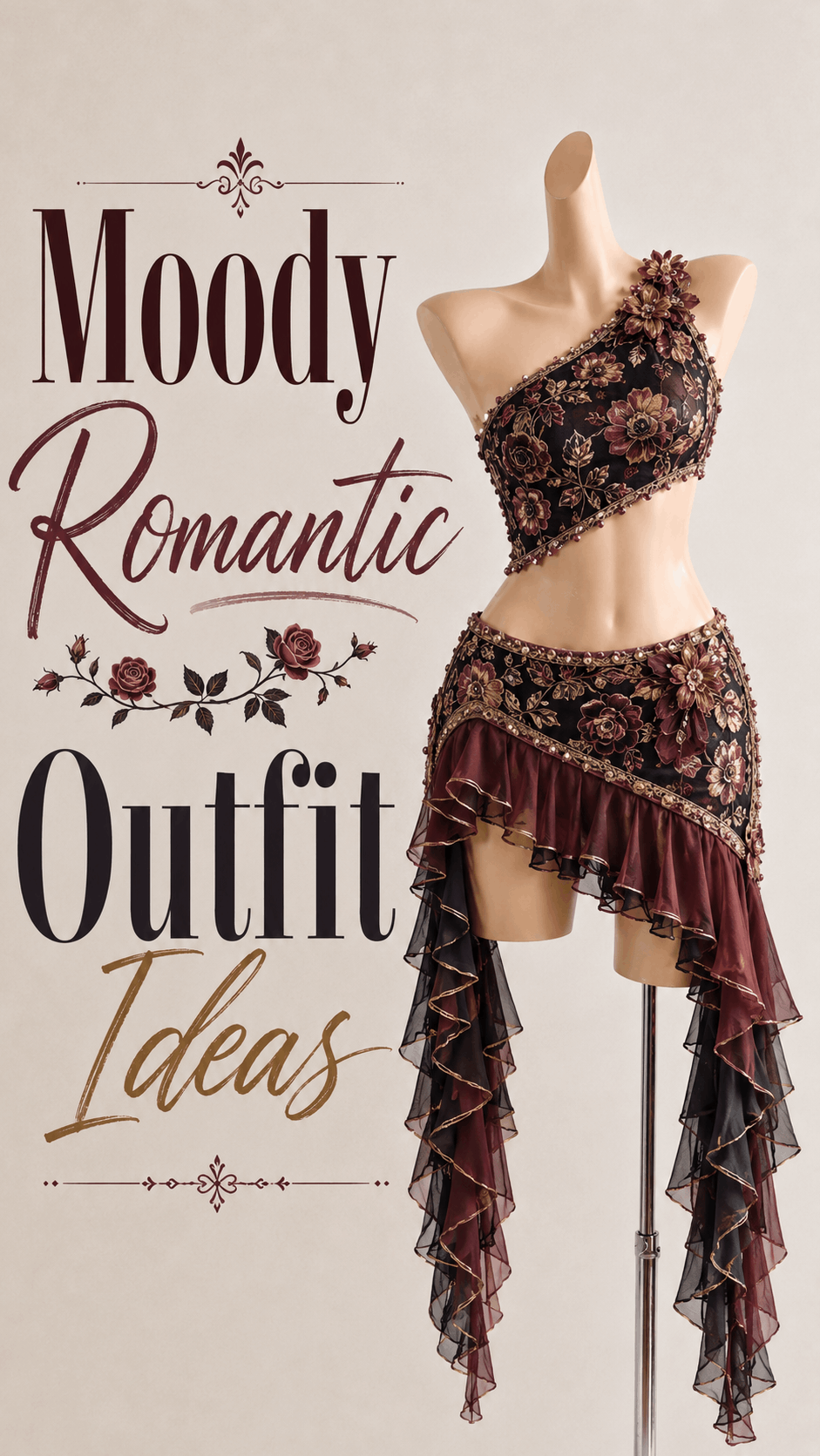 Burgundy rose embellished cocktail outfit with cascading ruffles