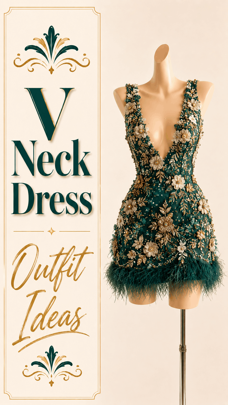 Emerald green deep V-neck floral embellished feather mini dress