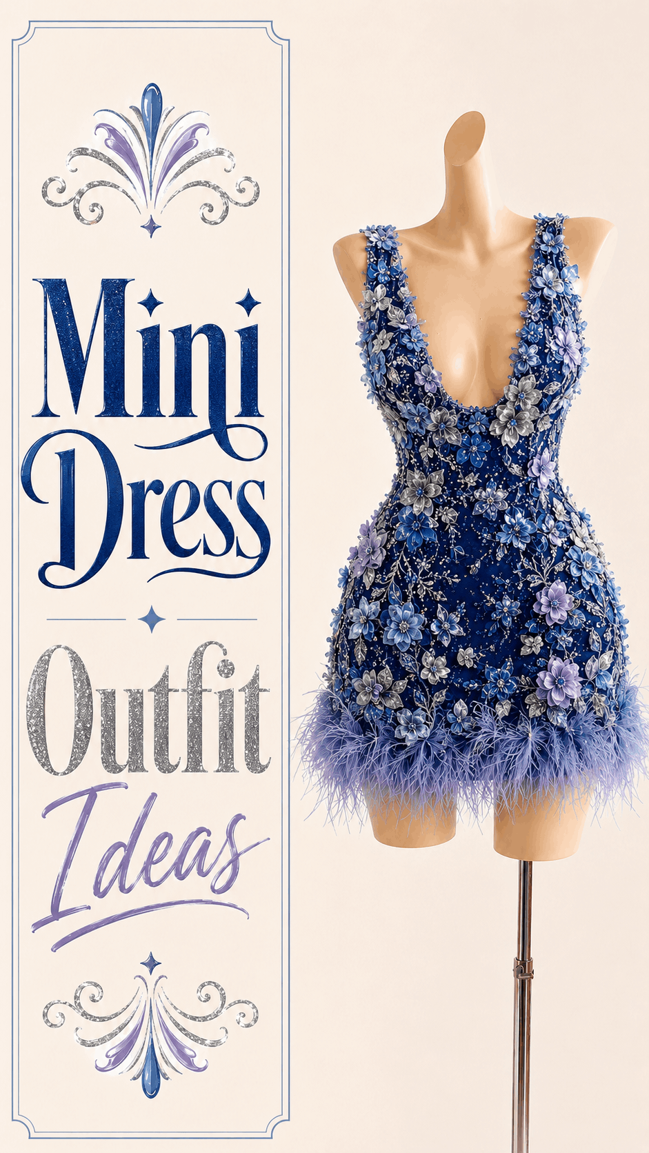 Sapphire blue floral embellished deep V-neck feather mini dress