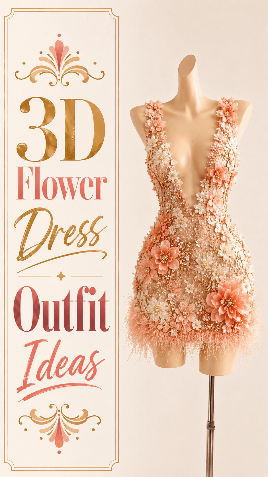 Peach deep V-neck 3D floral feather mini dress