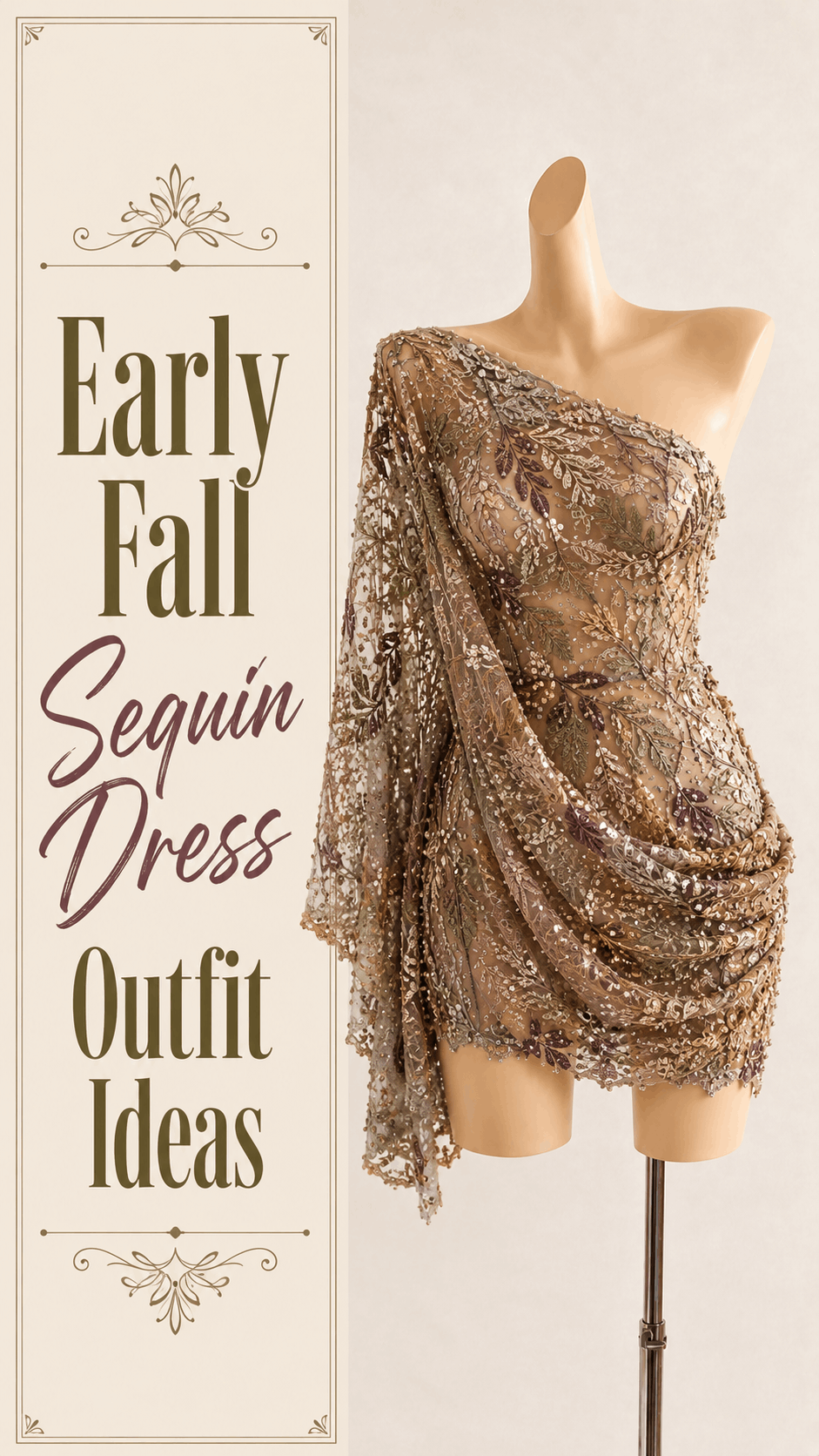 Bronze one-shoulder draped early-fall sequin mini dress