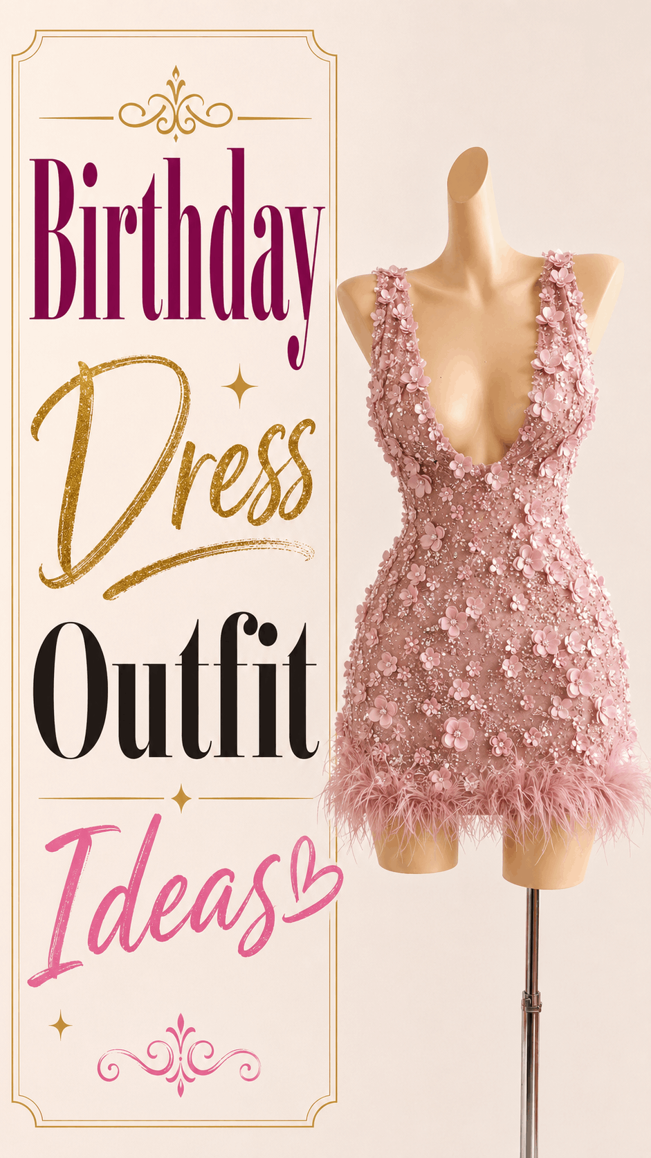 Blush pink floral embellished birthday mini dress with feather trim