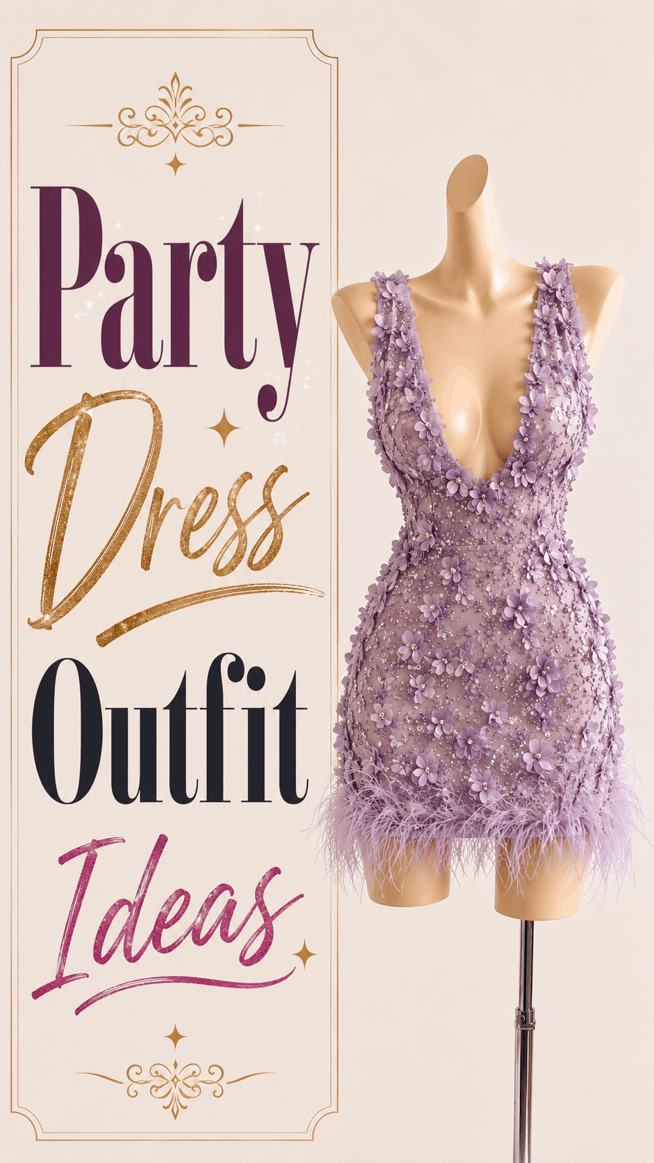 Lavender 3D floral embellished mini party dress with feather hem