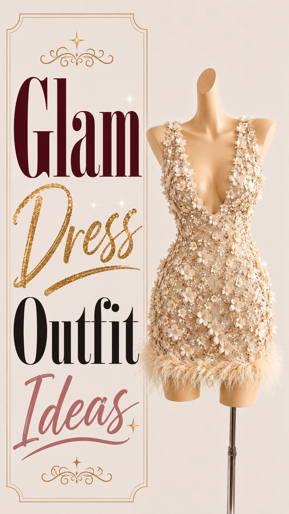 Champagne floral embellished glam mini dress with feather trim