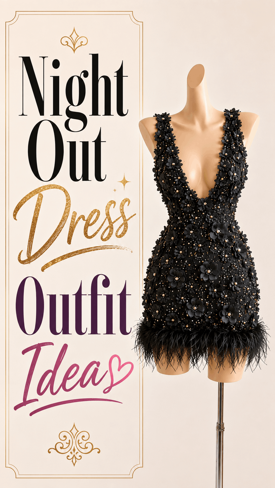 Black deep V-neck floral embellished feather mini dress