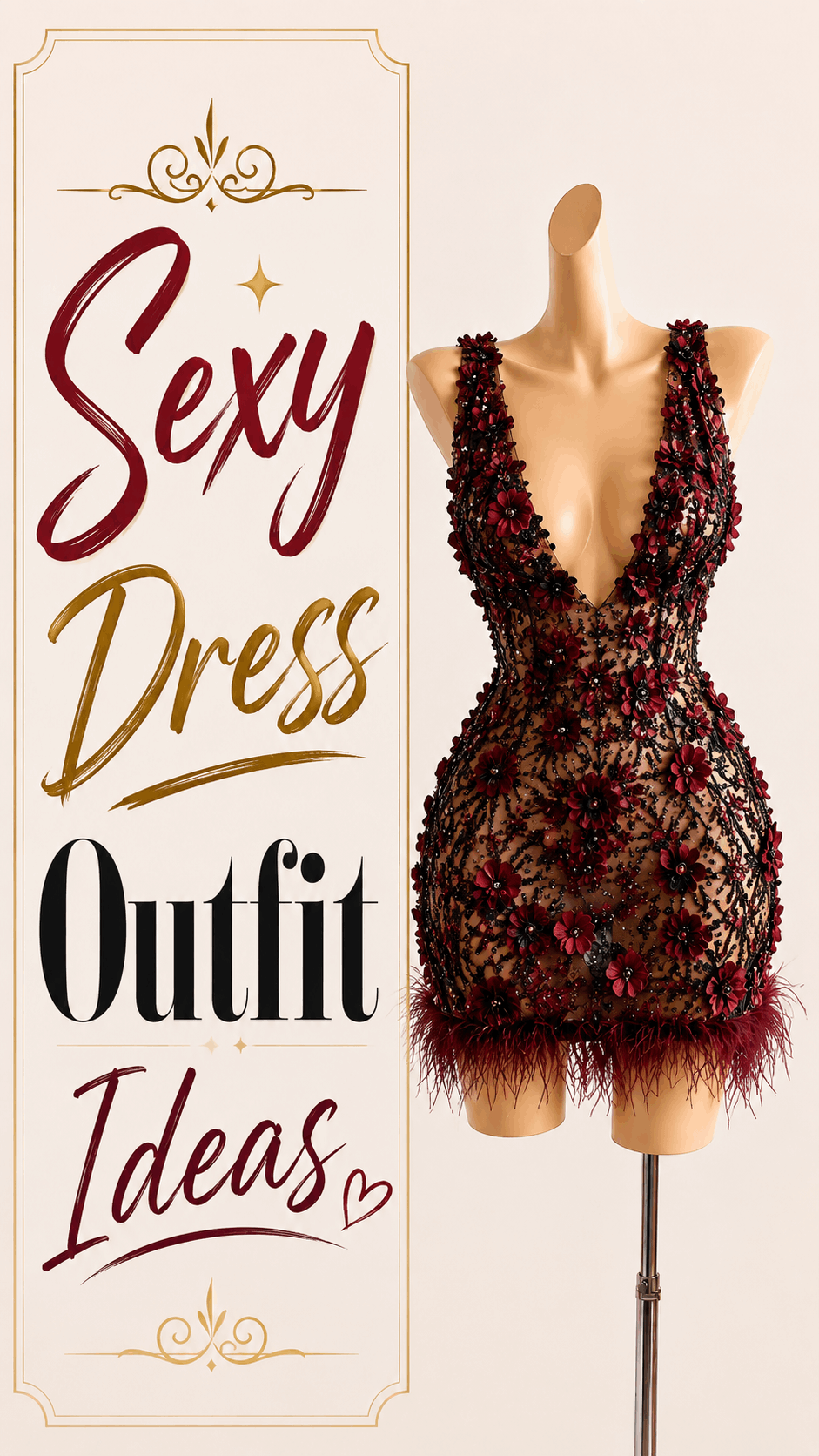 Red and black deep V-neck floral feather celebration mini dress