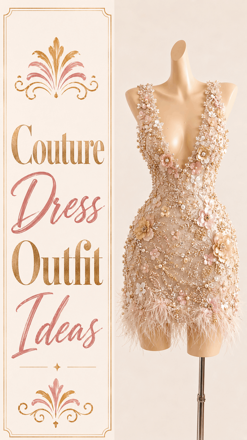 Champagne couture floral pearl and feather party mini dress