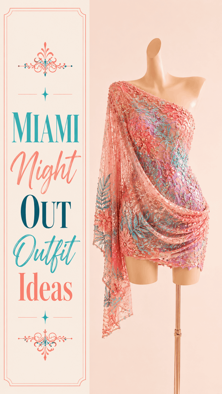 Coral and turquoise one-shoulder sequin Miami night mini dress