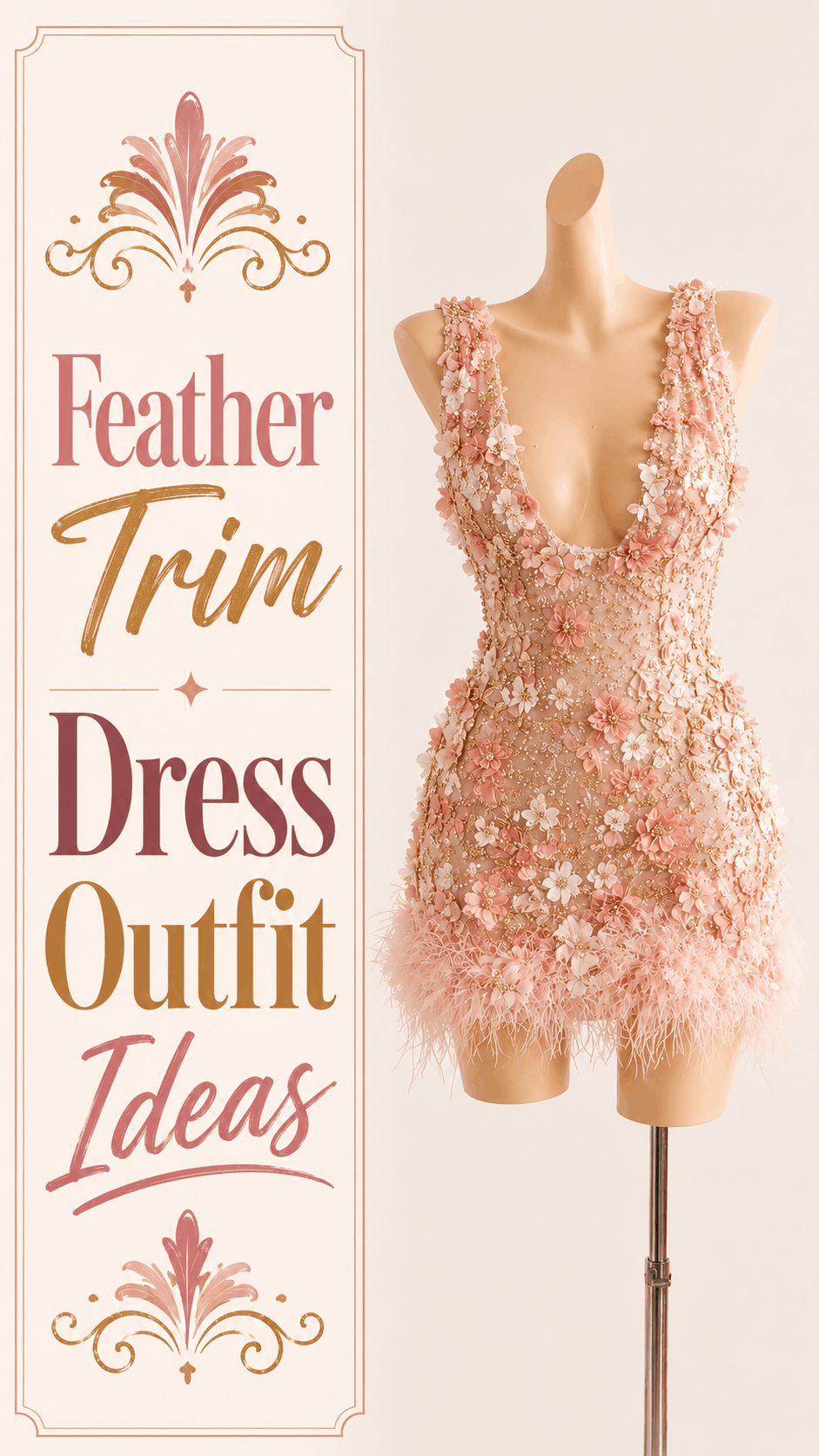 Blush pink deep V-neck floral feather holiday mini dress