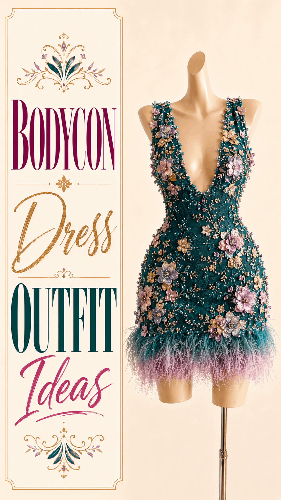 Emerald floral embellished bodycon mini dress with feather trim
