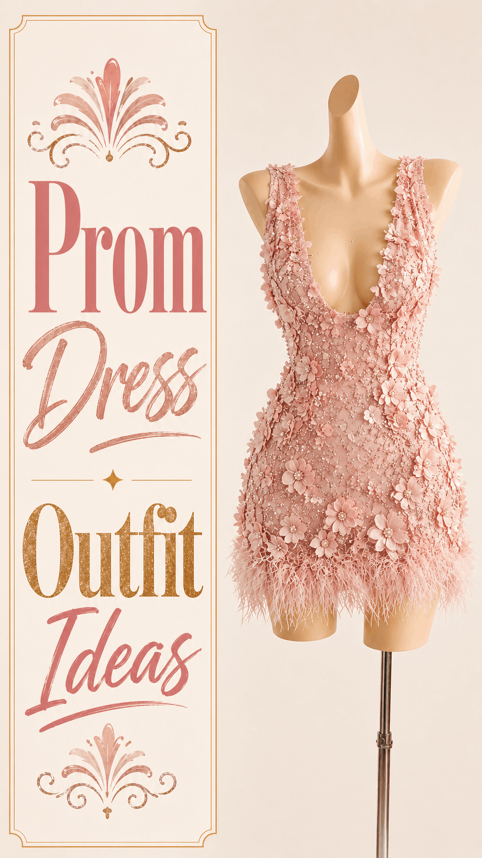 Blush pink floral prom mini dress with feather hem