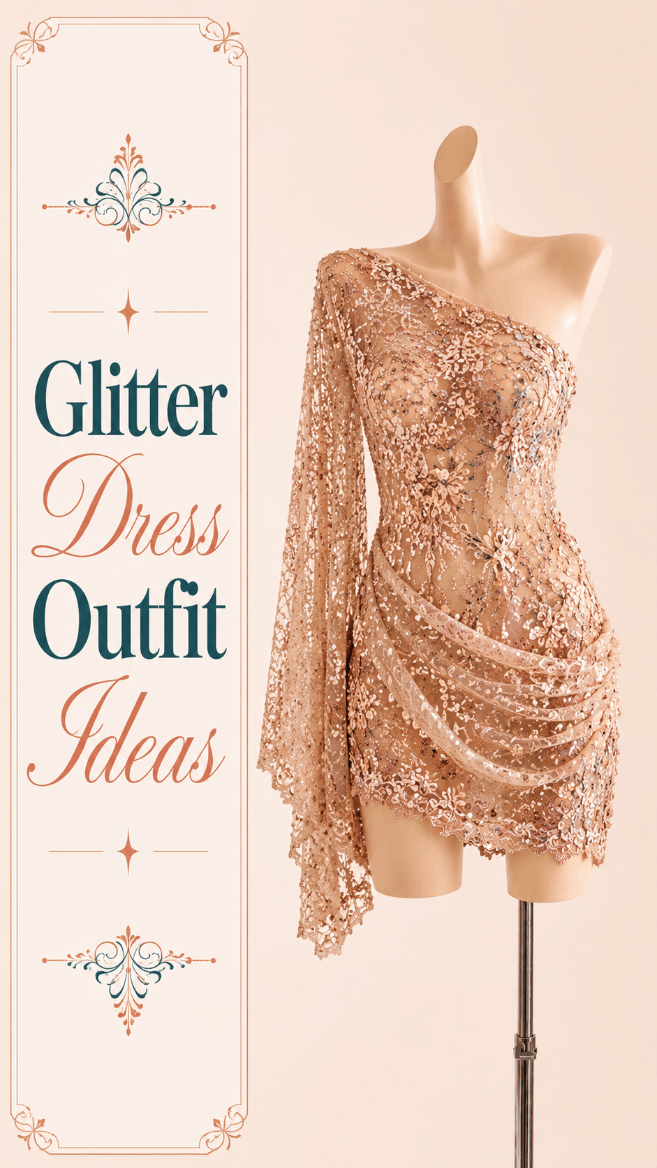 Champagne glitter one-shoulder draped evening mini dress