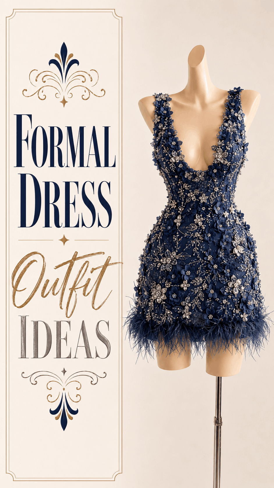 Midnight navy floral embellished formal mini dress with feather trim