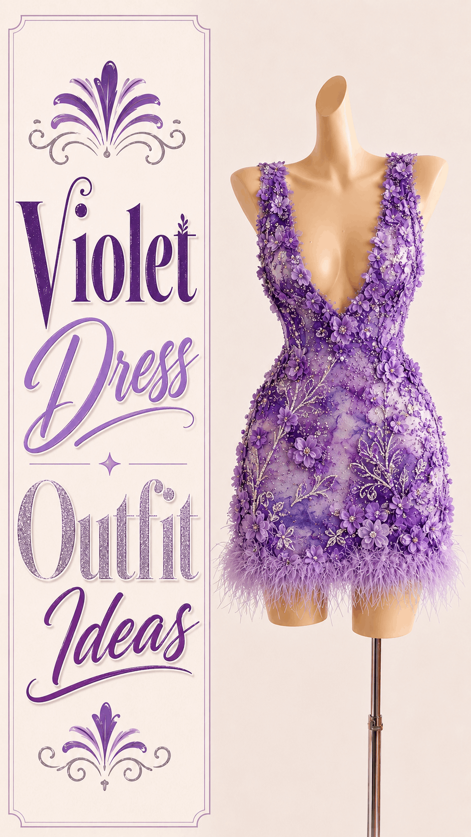 Violet floral embellished garden glam mini dress with feather hem
